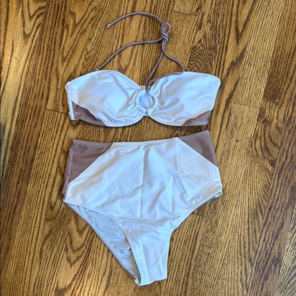 Brown and white color, black two-piece bikini